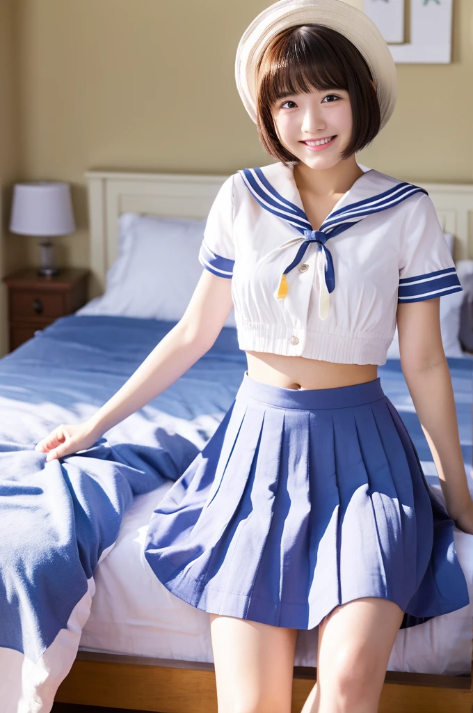 highest quality、masterpiece、High resolution、4K、real 18 year old woman、summer clothes、sailor suit、pleated mini skirt、cute room、belly button、smile、Bob hairstyle、1 girl、