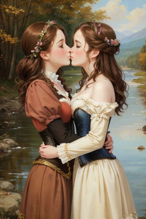 Beautiful women, short wavy brown hair, rough pale skin, freckles. Goddess, fancy dress, corset, long puffy sleeves, heroine, blushing, two girls kissing, hugging, best quality, oil painting, painting, classical painting, River, outside