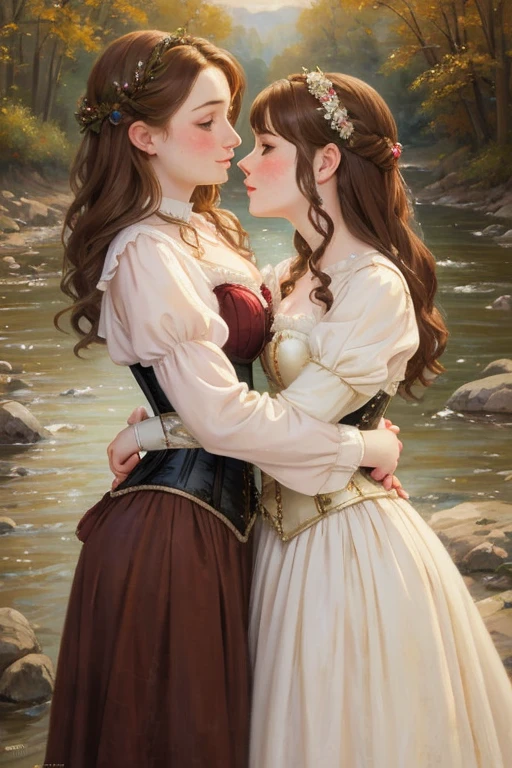Beautiful women, short wavy brown hair, rough pale skin, freckles. Goddess, fancy dress, corset, long puffy sleeves, heroine, blushing, two girls kissing, hugging, best quality, oil painting, painting, classical painting, River, outside