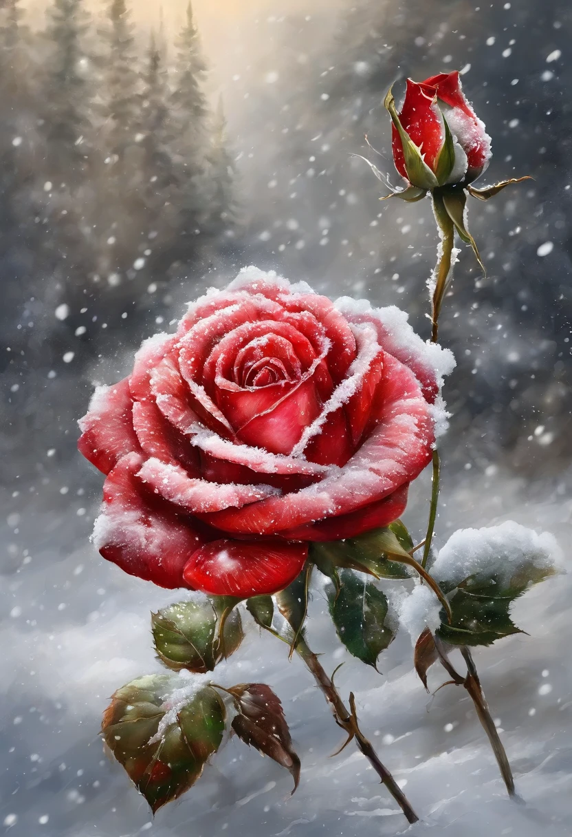HD，masterpiece，Official artistic aesthetics。(((watercolor painting))).(((winter，A red rose covered with snow，snow on rose petalroken。)))。Exquisite and delicate brushstrokes。Watercolor paper overlay texture，Wet painting method，splash，Water marks。dark background，Large aperture，facula。artistic creativity：1.37