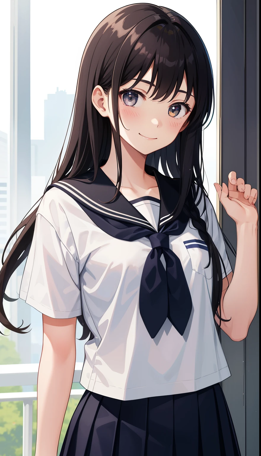 1 girl、A sloppy smile、high school student、uniform、skirt、serafuku、summer clothes、(small breasts)、(upper body portrait)、backwards、