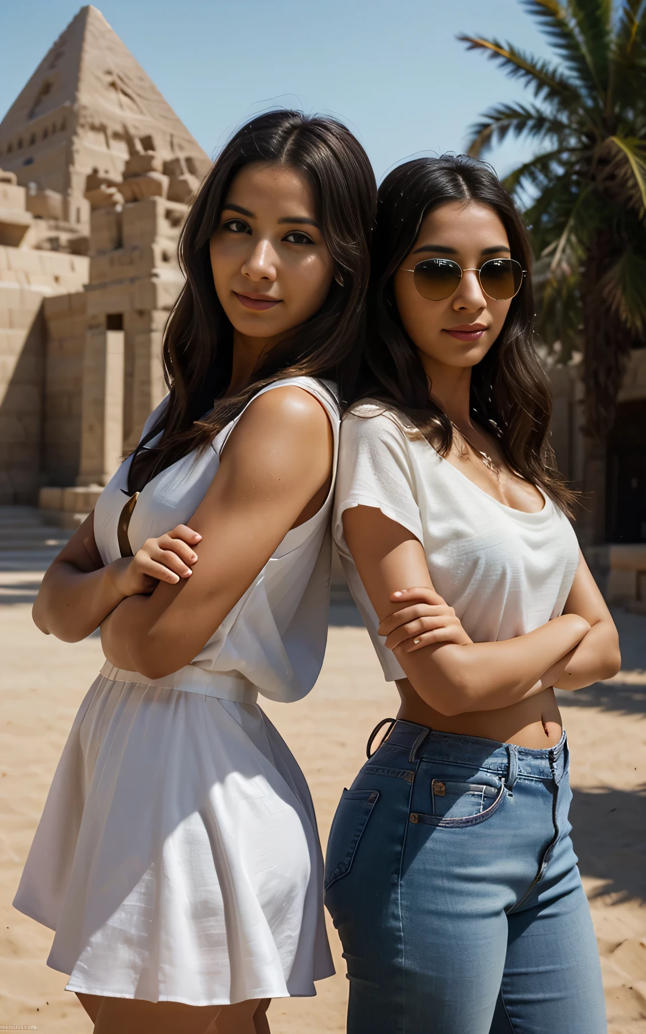 ((Masterpiece, best quality, photography, detailed skin, realistic, photo-realistic, 3D Character Design, pixar, 8k, highly detailed, full length frame, High detail RAW color art, diffused soft lighting, shallow depth of field, sharp focus, hyperrealism, cinematic lighting, close up)); Disney Pixar Movie Poster of 2 girls side by side back to back both crossed arms, one on the left is an ancient egyptian Princess dressed in an elegant white ancient Egyptian dress and the other girl on the right is a modern egyptian girl wearing sunglasses, a blue t- and jeans, both t-shirt expression that exudes grace and elegance and smiling. Focus on capturing their gorgeous long black wavy hair, brunette brownish skin and stunning facial features, beautiful smile, 3d render, pyramids in background, one sunglass, no cleavage.