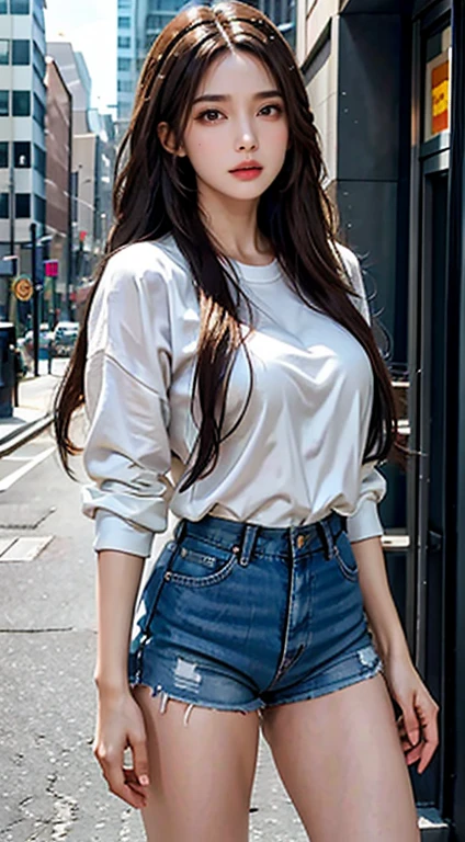 realistic, High resolution, soft light, 1 female, 25 years old, alone, hip up, (brown eyes) , Vrak Hair, long hair, jewelry, tattoo, street wear