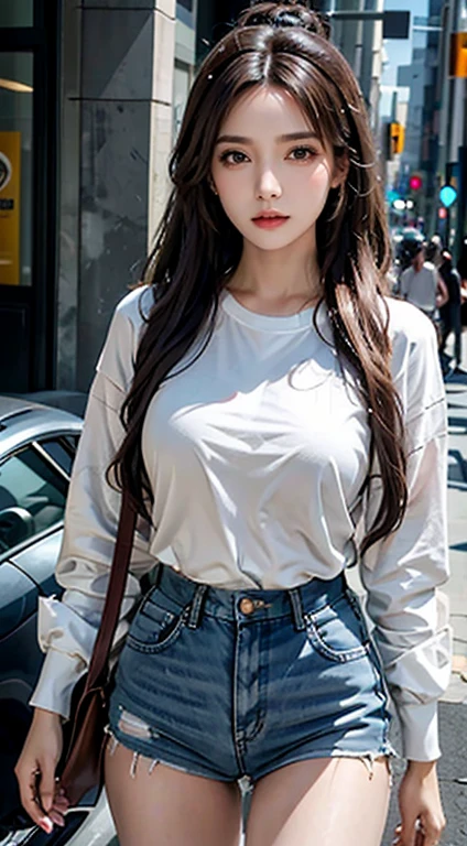 realistic, High resolution, soft light, 1 female, 25 years old, alone, hip up, (brown eyes) , Vrak Hair, long hair, jewelry, tattoo, street wear