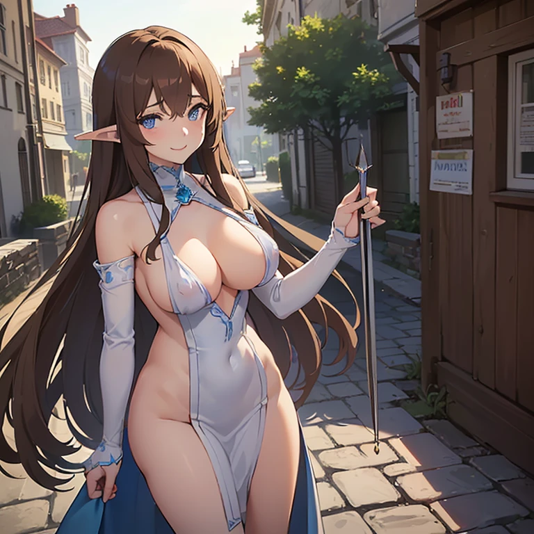 1 elf woman,((with long brown hair)),((with blue eyes)),((very huge breasts)),((a very small white dress with a revealing neckline)),((bare thighs, bare breasts , with a small cut on the chest)),((with a kind and cute look, with a slight gentle smile)),((standing facing the viewer, on the medieval street))
