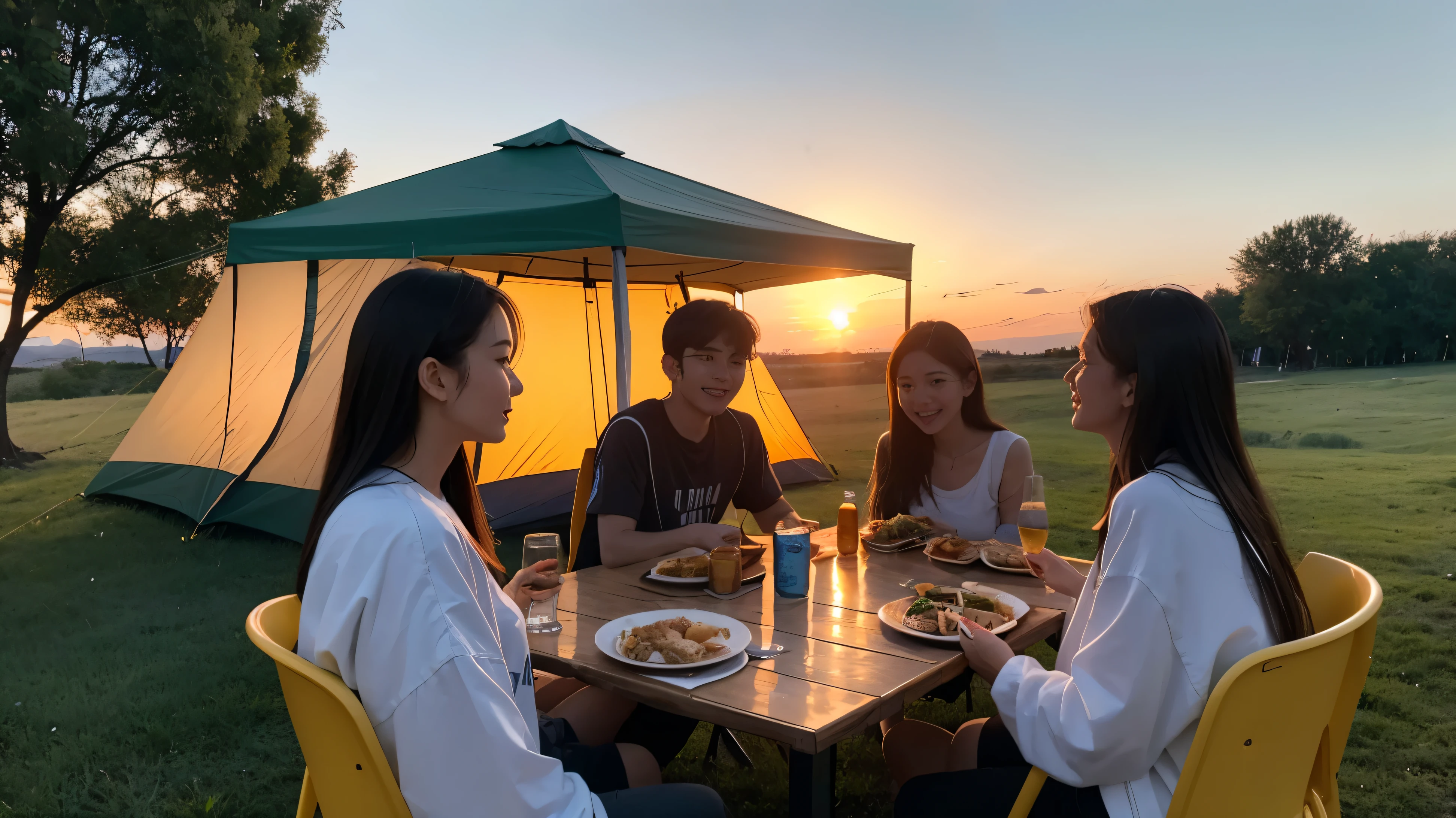 A group of young people having dinner outdoors at sunset，Camping meal bar，nature，surreal风格，Camera effects，surreal，full of details