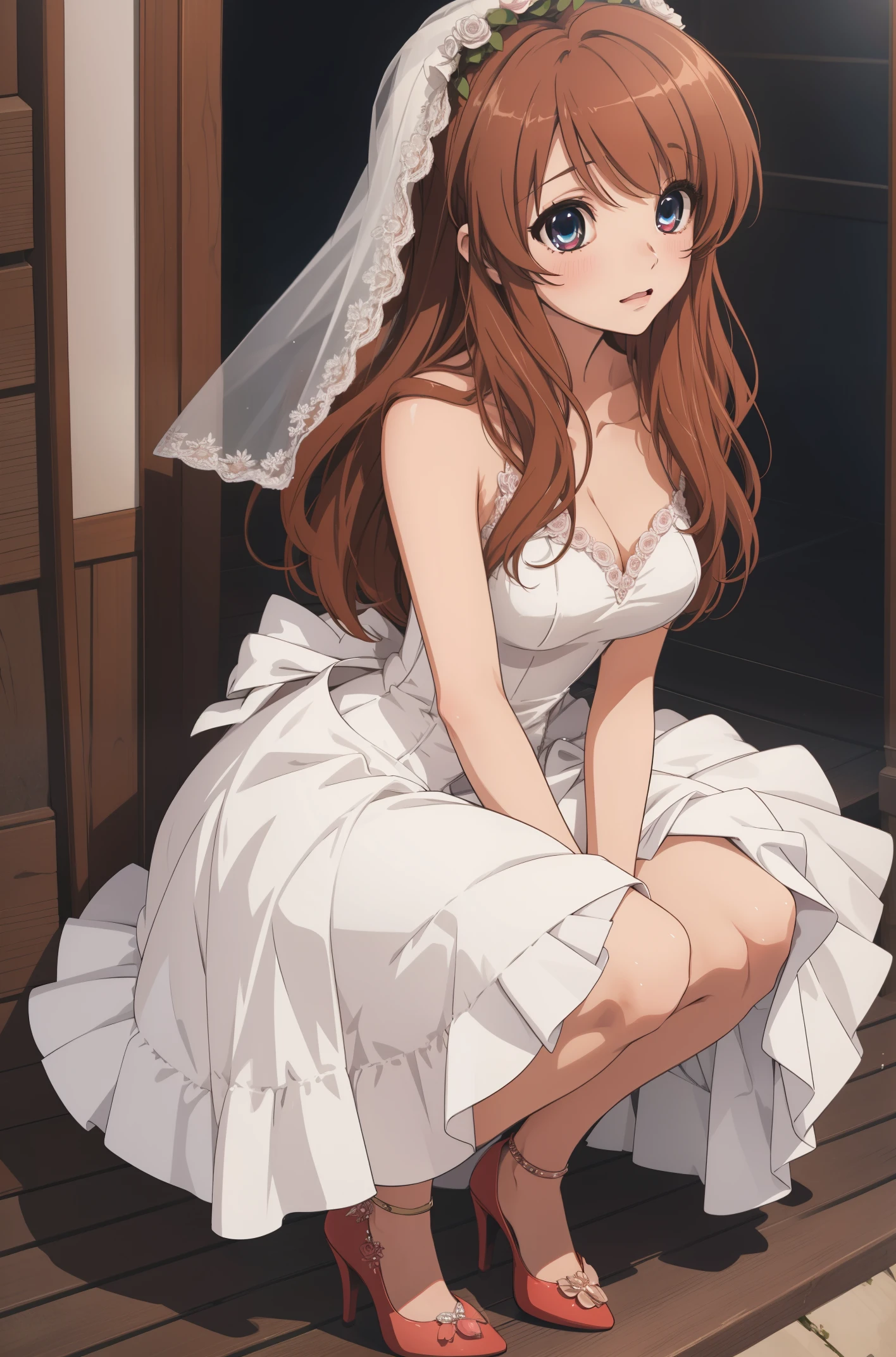 1girl, absurdres, masterpiece, highly detailed, best quality, illustration, game cg, mikuru1, asahina mikuru, solo focus, beautiful detailed eyes, light makeup, glossy lips, blush, wedding dress, high heels