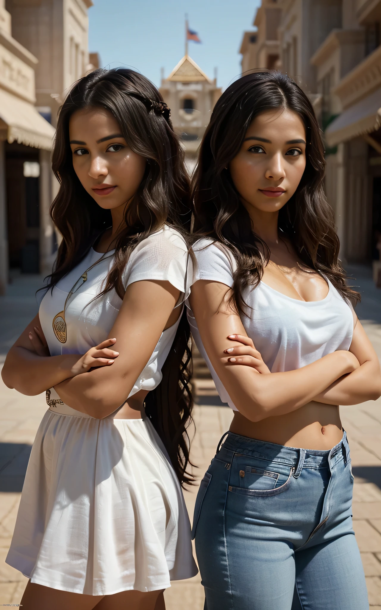 ((Masterpiece, best quality, photography, detailed skin, realistic, photo-realistic, 3D Character Design, pixar, 8k, highly detailed, full length frame, High detail RAW color art, diffused soft lighting, shallow depth of field, sharp focus, hyperrealism, cinematic lighting, close up)); Disney Pixar Movie Poster of 2 girls side by side back to back both crossed arms, one on the left is an ancient egyptian Princess dressed in an elegant white ancient Egyptian dress and the other girl on the right is a modern egyptian girl wearing sunglasses, a blue t- and jeans, both t-shirt expression that exudes grace and elegance. Focus on capturing their gorgeous long black wavy hair, brunette brownish skin and stunning facial features, beautiful smile, 3d render.