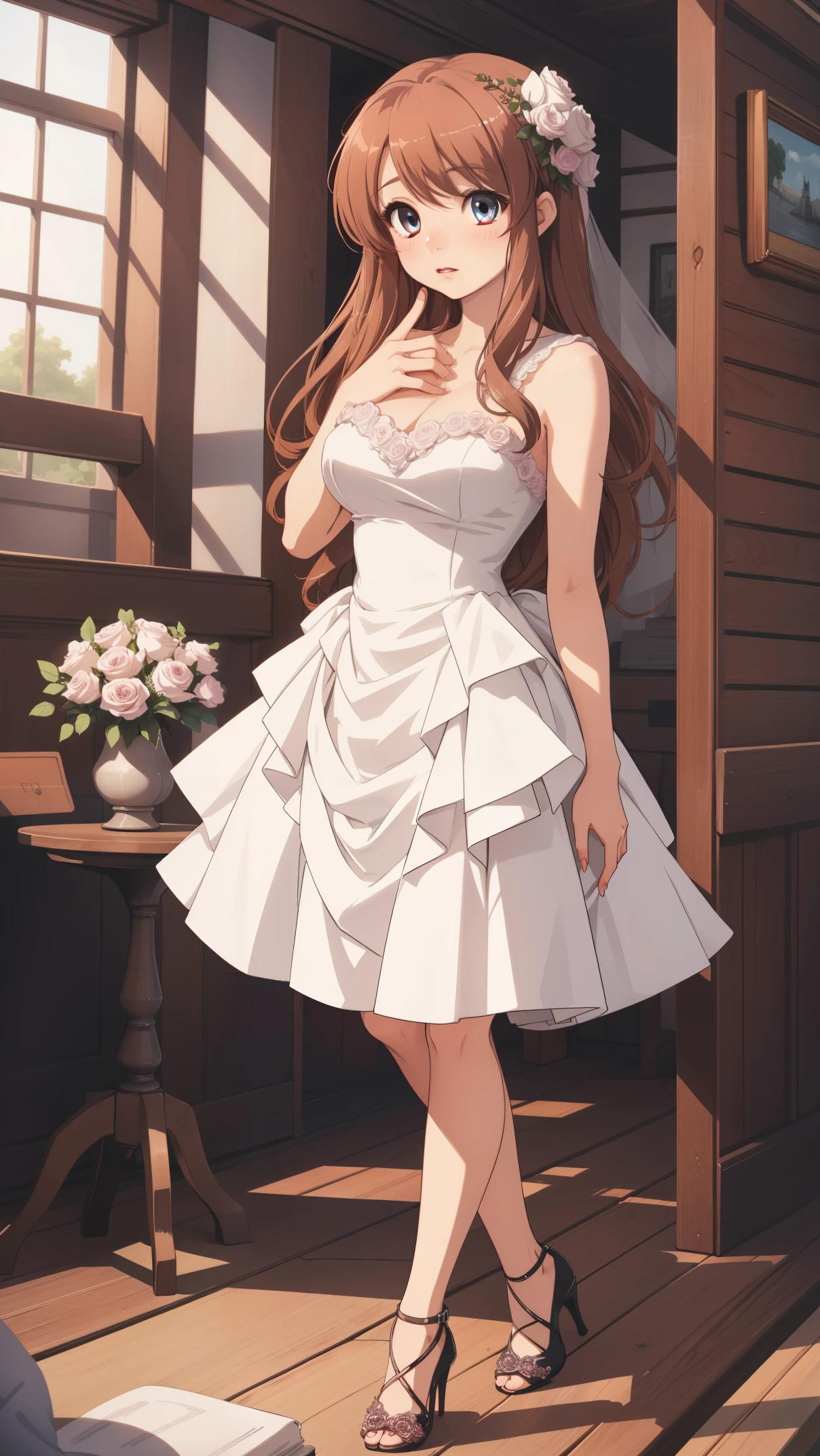 1girl, absurdres, masterpiece, highly detailed, best quality, illustration, game cg, mikuru1, asahina mikuru, solo focus, beautiful detailed eyes, light makeup, glossy lips, lips parted, blush, wedding dress, high heels, standing