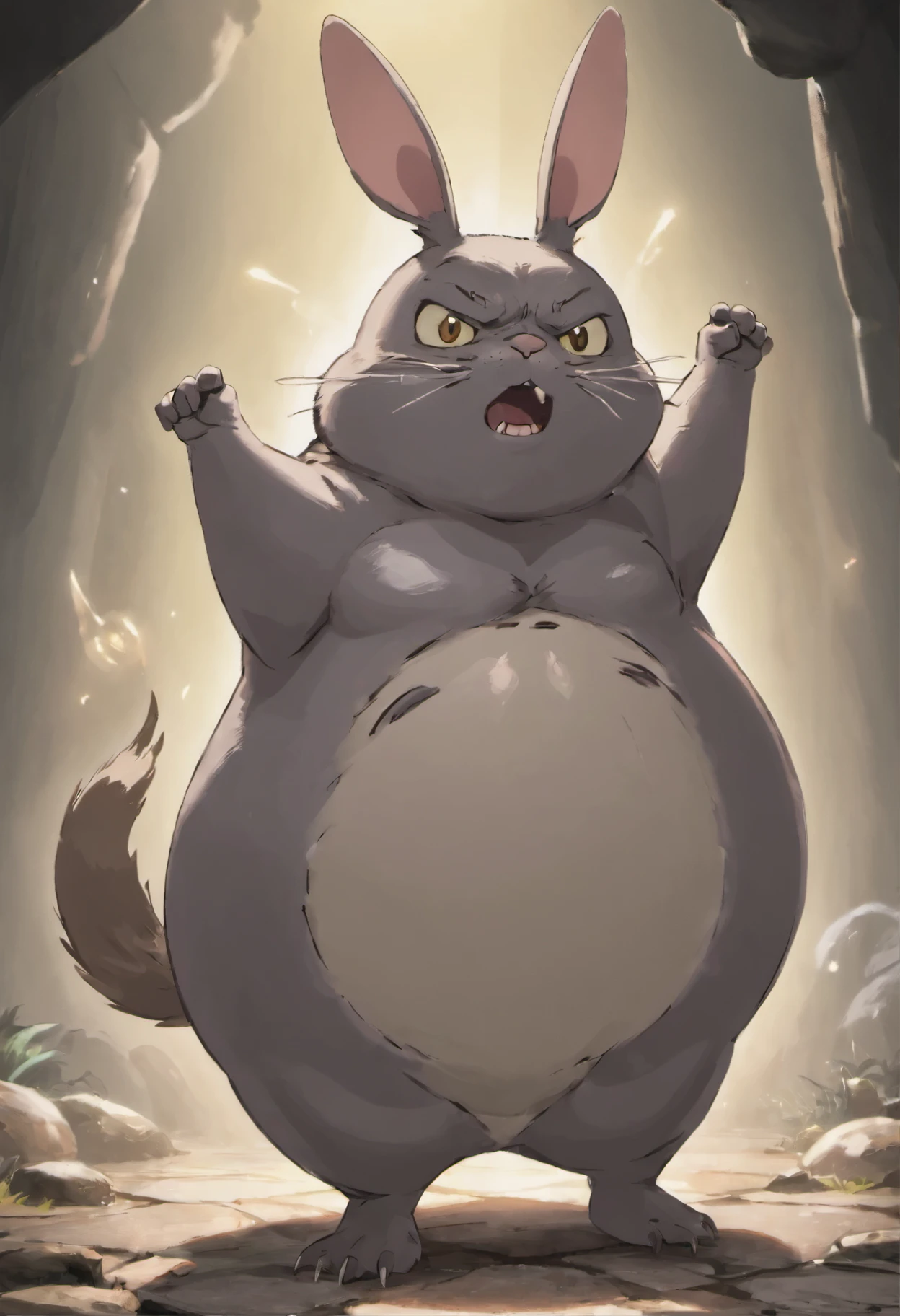 here is a small animal, standing on a stone, happy big chungus, big chungus, big chungus meme, chinchilla animal, smear, with pointed ears, Fat beetles owl, big chungus boss, It looks very stupid, Half a rabbit, Real life Totoro