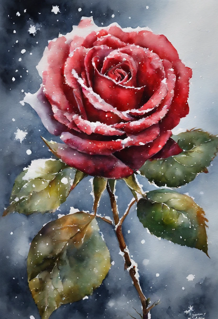 HD，masterpiece，Official artistic aesthetics。(((watercolor painting：1.37))).(((winter，A red rose covered with snow，snow on petals)))。Watercolor paper overlay texture，Wet painting method，splash，Water marks。dark background，Large aperture，facula。artistic creativity：1.37