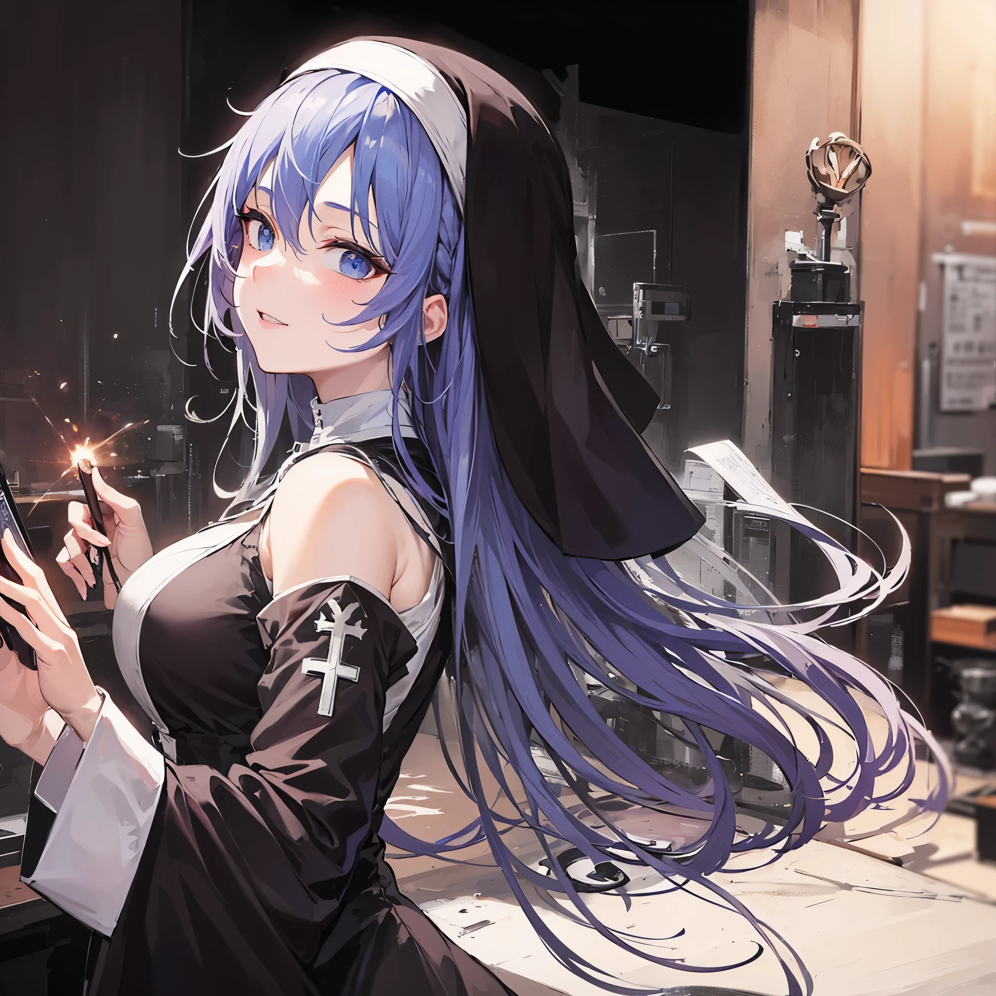 masterpiece, high definition, anime - style image of a blue haired woman in a black nun outfit, elegant nun girl, utopia, mature and lady, smug face, from girls frontline, artwork in the style of guweiz, , background art, lighting