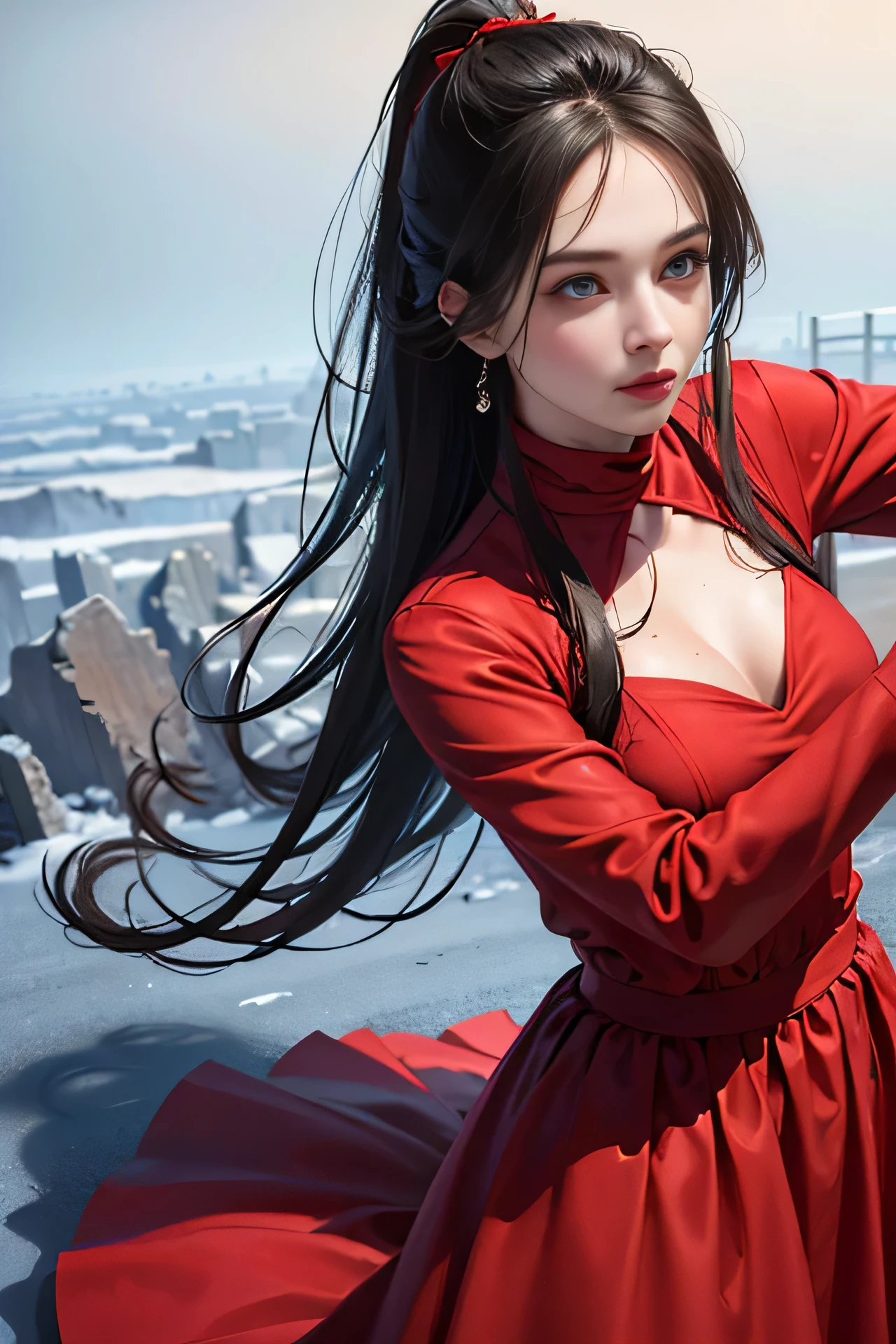 (skindentation:1.5), Realistic, Photorealistic, (masterpiece:1.5), concept art, intricate details, highly detailed, photorealistic, octane render, 8k, unreal engine, dynamic pose, best quality, highres, (realistic face:1.1), (hyperrealistic:1.1), (((full_body))), perfect eyes,(shiny skin:1.2), perfect hand, extremely detailed background, ((snow)), ((1girl)), ((wearing red long silky dress)), ((detailed eyes, high quality eyes, high quality face)), long black hair, messy ponytail, dramatic, depth of field, bokeh, 4k, ancient ruin, dancer, (((fighting))), long sleeves, (((red long chiffon dress))), turtle neck