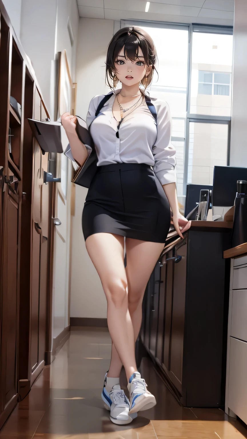 a receptionist woman, rugged sneakers, tiny earrings, thin necklace, bringing some documents, unbutton shirt, swollen nipples,