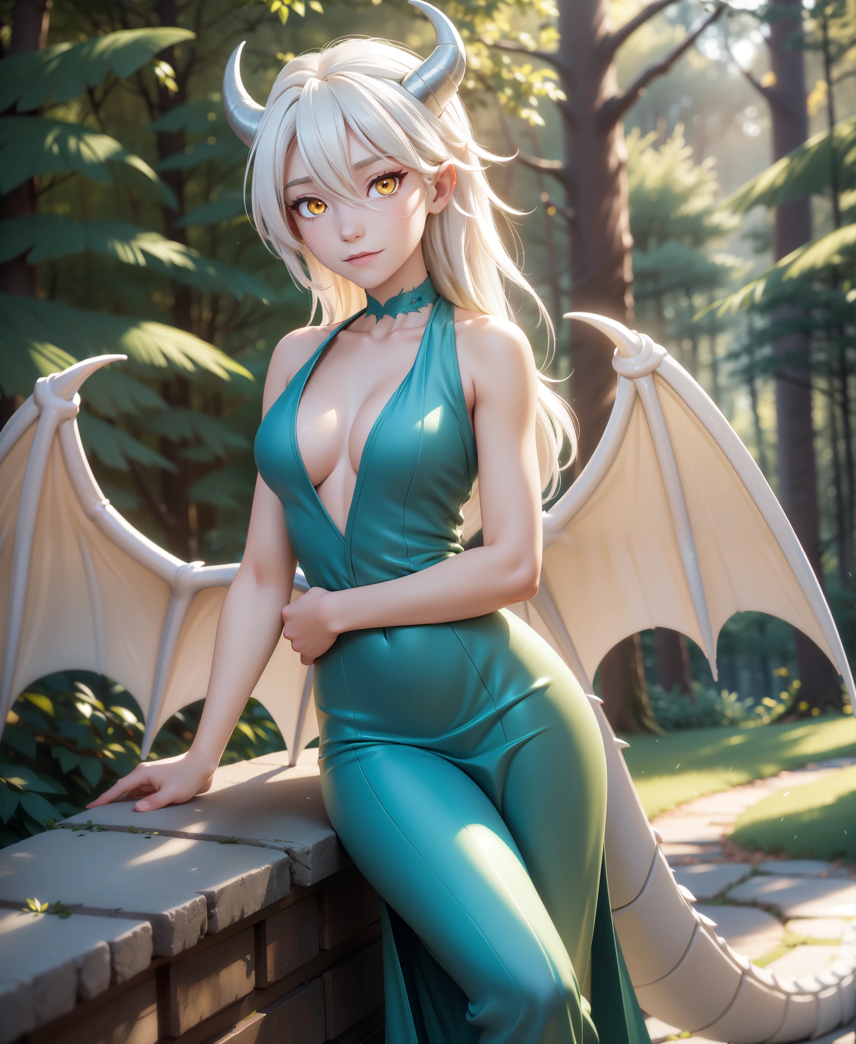 human-nora, twokinds, by tom_fischbach,, (best quality, masterpiece:1), full body ,solo, female human, yellow eyes, white hair, portrait, looking at viewer, horns, scalie, dragon wings, dragon tail, dragon humanoid, (outdoors dark forest trees blurry blurred background:1.1),