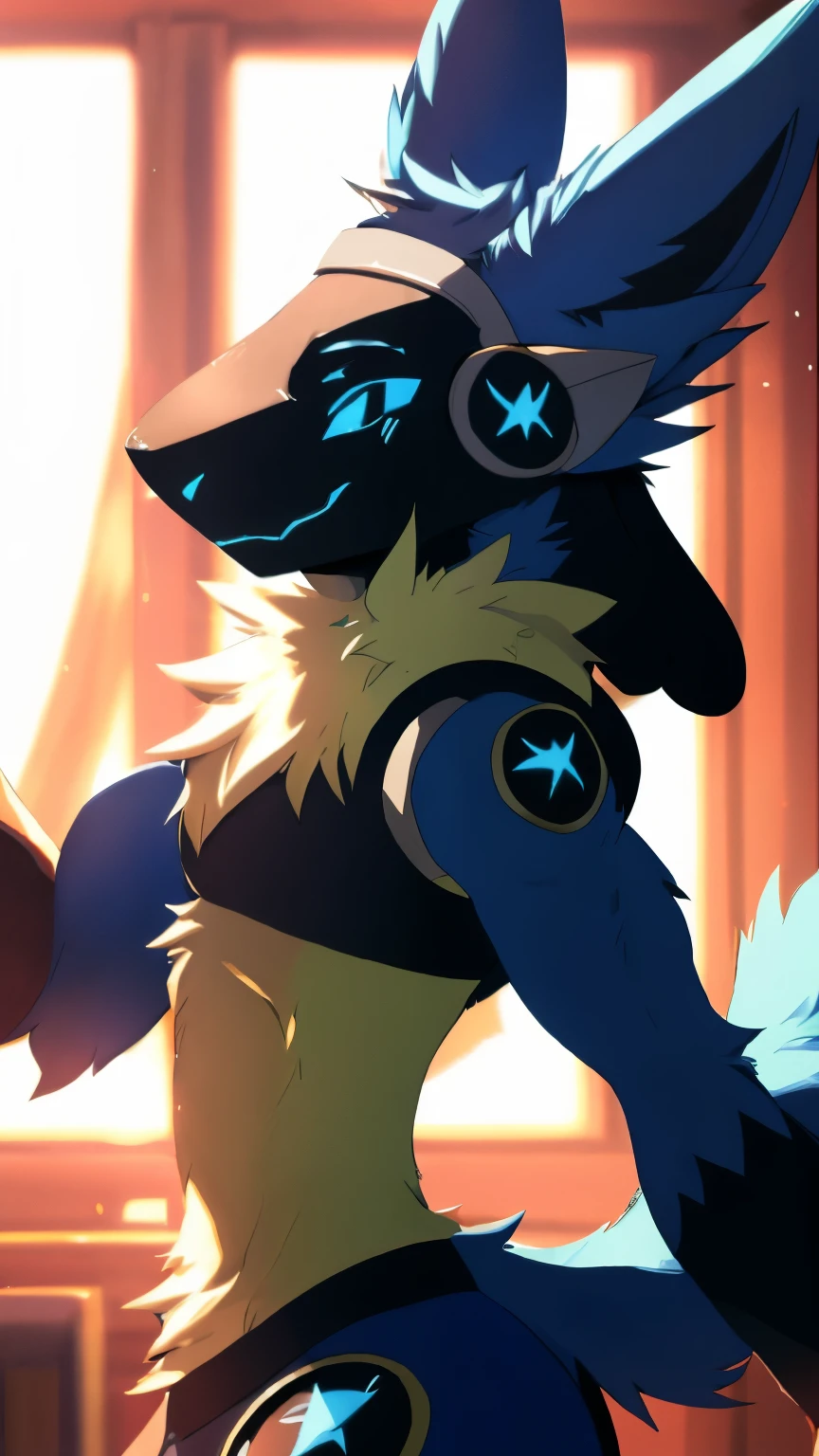 best quality, masterpiece work, high quality, Lucario (Pokemon), male lucario, (((Lucario's Fur))), ((Lucario's appearance)), protogen, Lucario × protogen, strike a pose