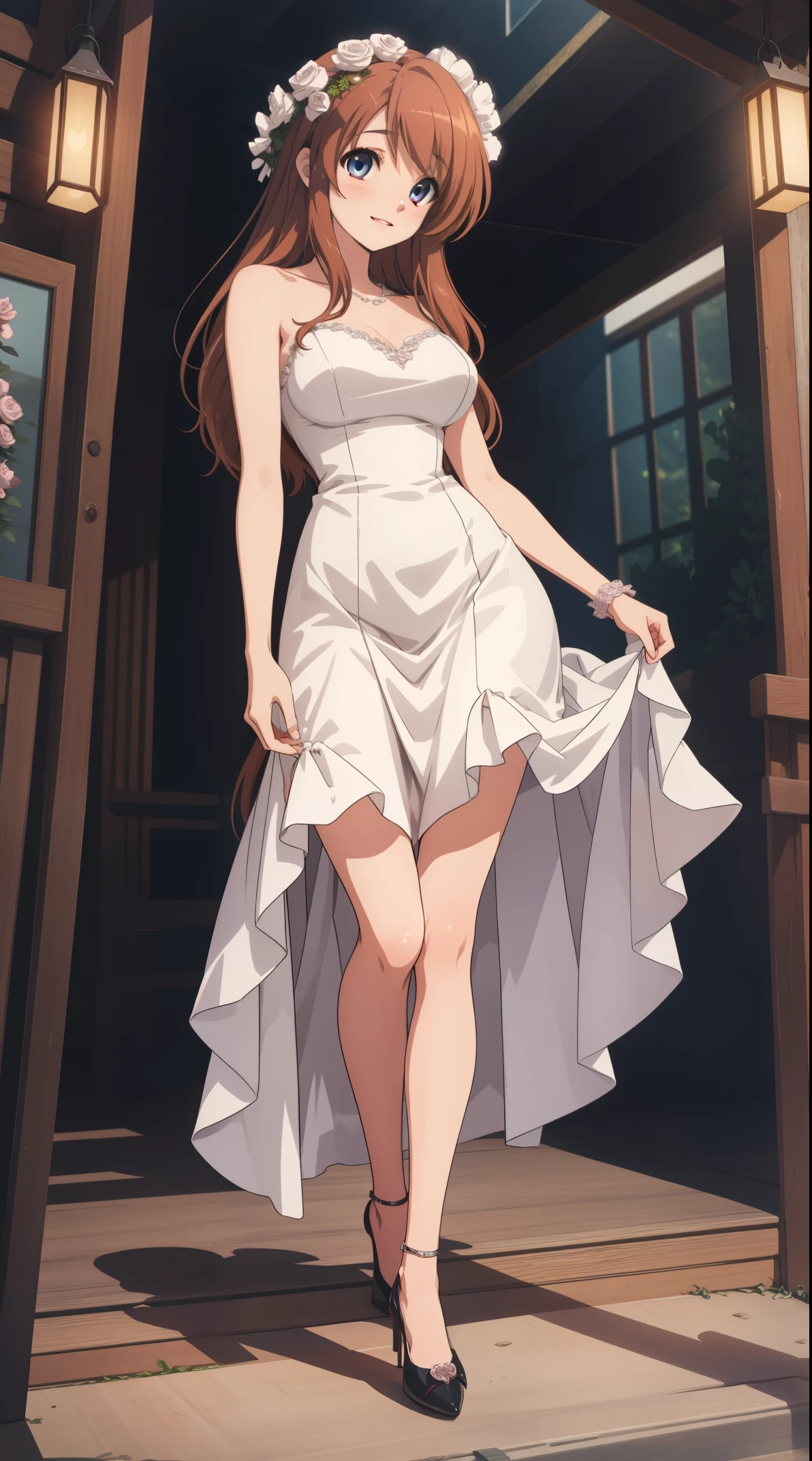 1girl, absurdres, masterpiece, highly detailed, best quality, illustration, game cg, mikuru1, asahina mikuru, solo focus, beautiful detailed eyes, light makeup, glossy lips, light smile, blush, wedding dress, high heels, standing, curvy girl