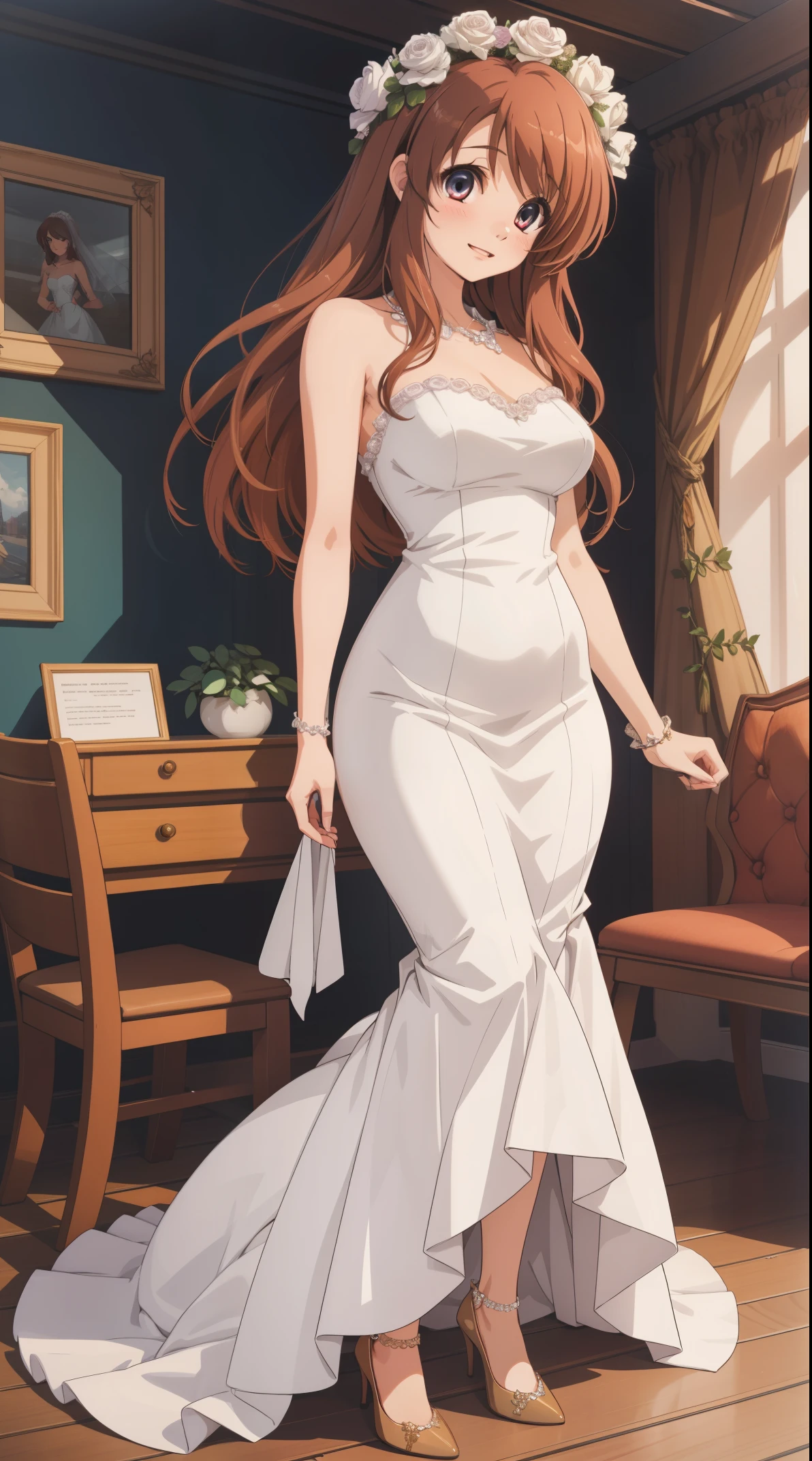 1girl, absurdres, masterpiece, highly detailed, best quality, illustration, game cg, mikuru1, asahina mikuru, solo focus, beautiful detailed eyes, light makeup, glossy lips, light smile, blush, wedding dress, high heels, standing, curvy girl