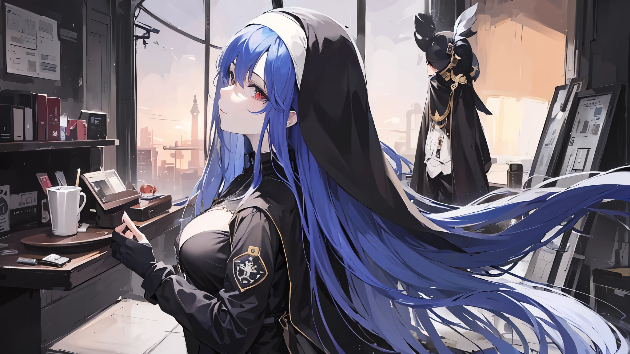 masterpiece, high definition, anime - style image of a blue haired woman in a black nun outfit, elegant nun girl, utopia, mature and lady, smug face, from girls frontline, artwork in the style of guweiz, , background art, lighting