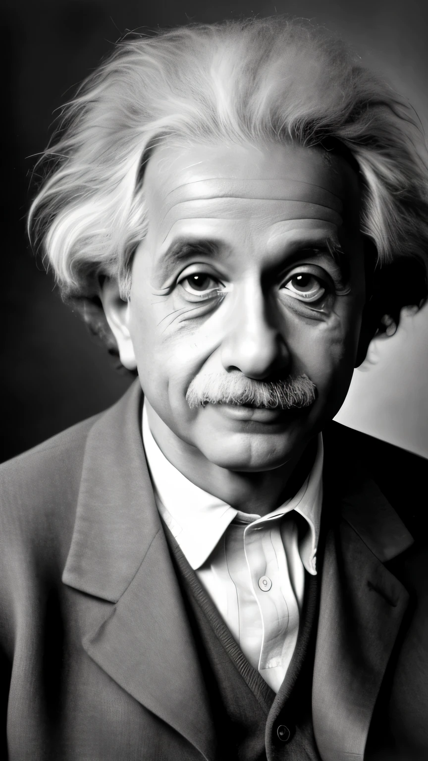 ((masterpiece)),((highest quality)),((high detail)), Albert Einstein,black and white portrait,The background is dark gray