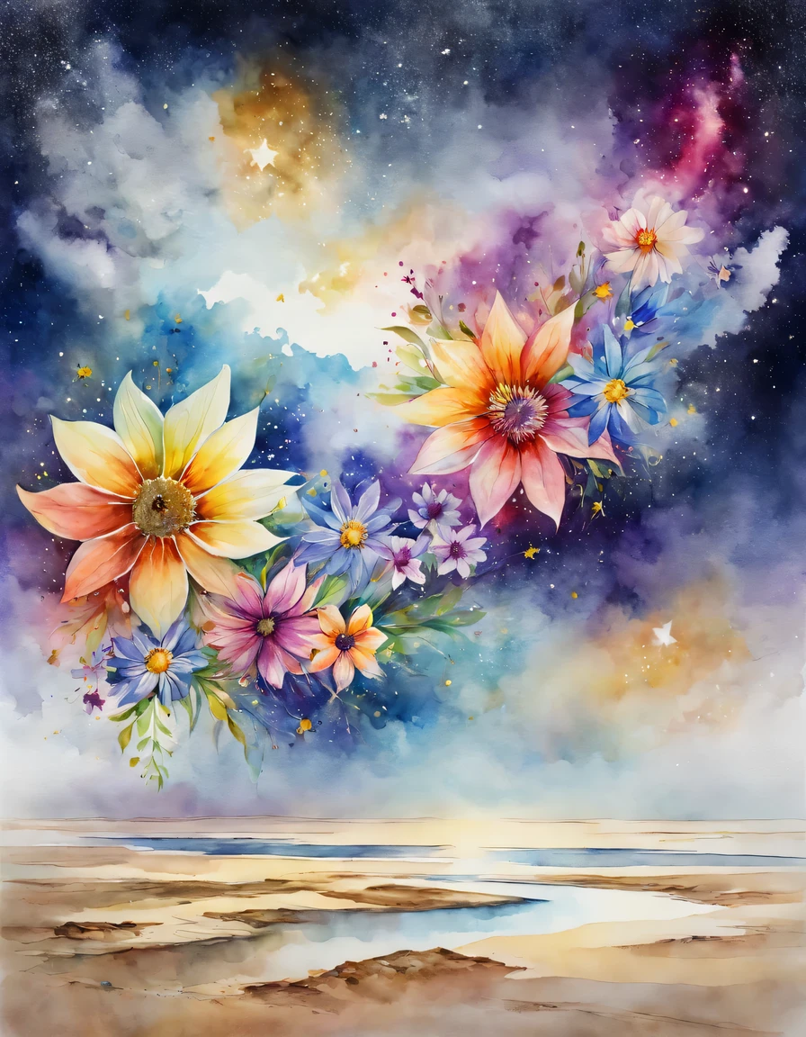 Watercolor Art, flowers, Watercolor flowers, разноцветные акварельные flowers плавают в пространстве между землей и звездным небом и представляют собой плавный переход между облаками вверху и песком внизу., watercolor psychedelic art, winner of the international watercolor painting competition