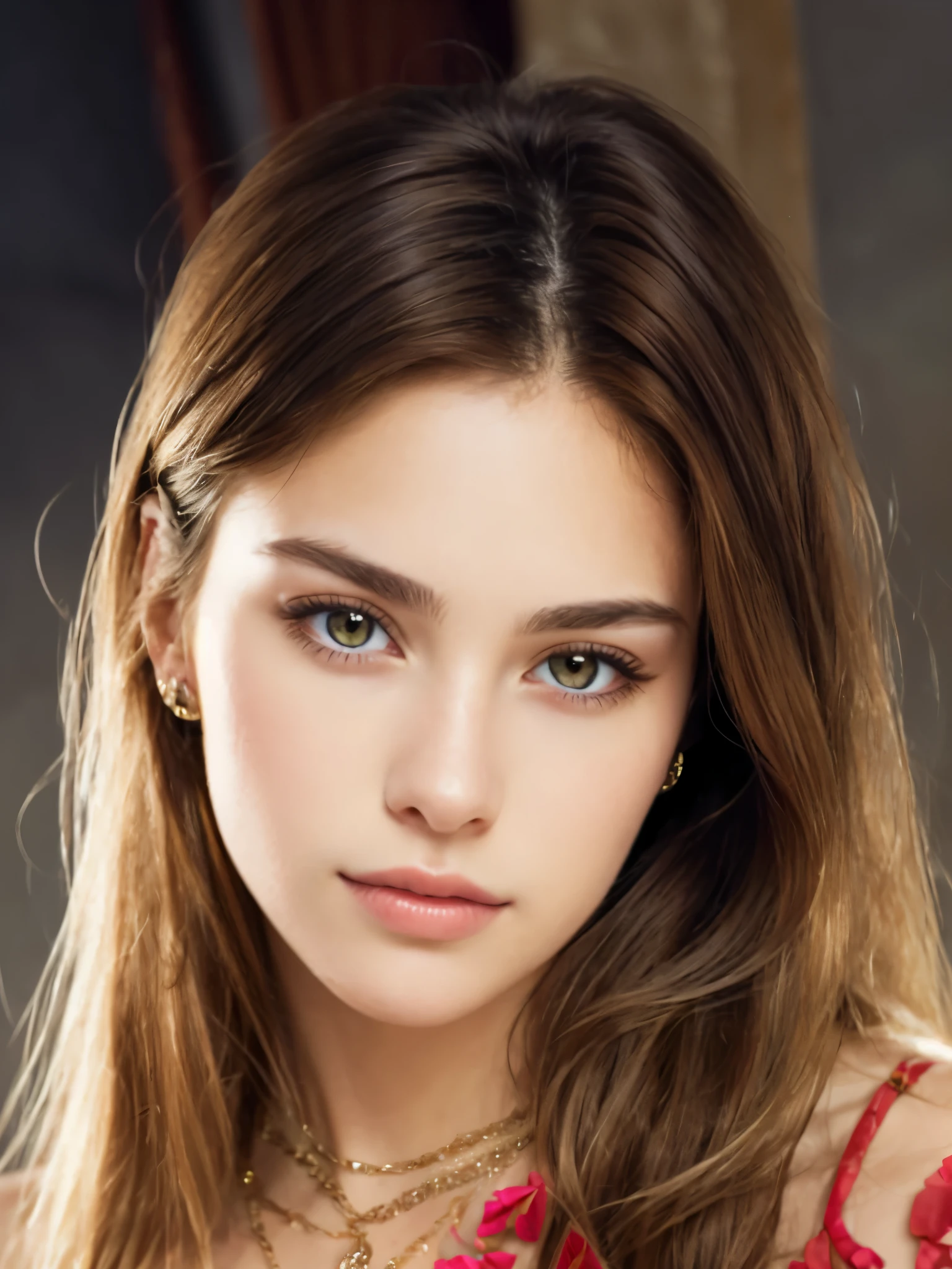1girl, solo, long hair, realistic, looking at viewer, dress, blonde hair, brown eyes, upper body, bare shoulders, ((brown hair:1.3)), necklace, jewelry, lips, closed mouth, black dress