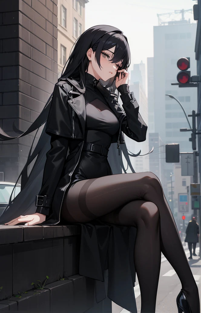woman sitting on a ledge, looking at her cell phone, pantyhose tights, nylon tights, lady in black coat and pantyhose, tights; on the street, pantyhose, beautiful legs, wearing a tight black dress, wearing stockings, girl next door innocent look, beautiful lonely girl, nice legs, crossed legs, wearing black tight clothing