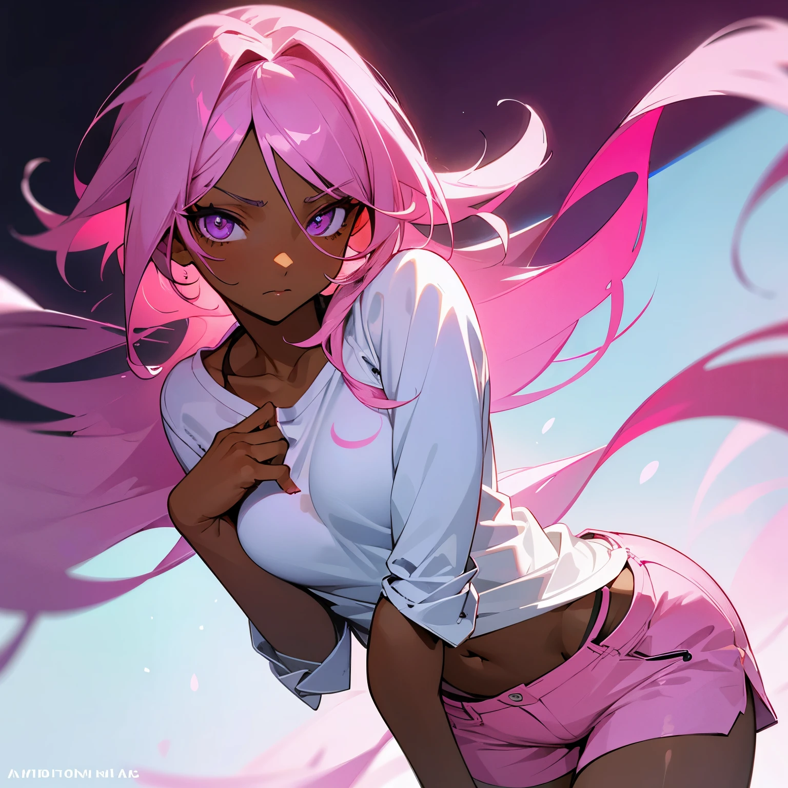 A dark-skinned girl, pink hair and eyes, white shirt and shorts in a sensual pose, Anime Art Style