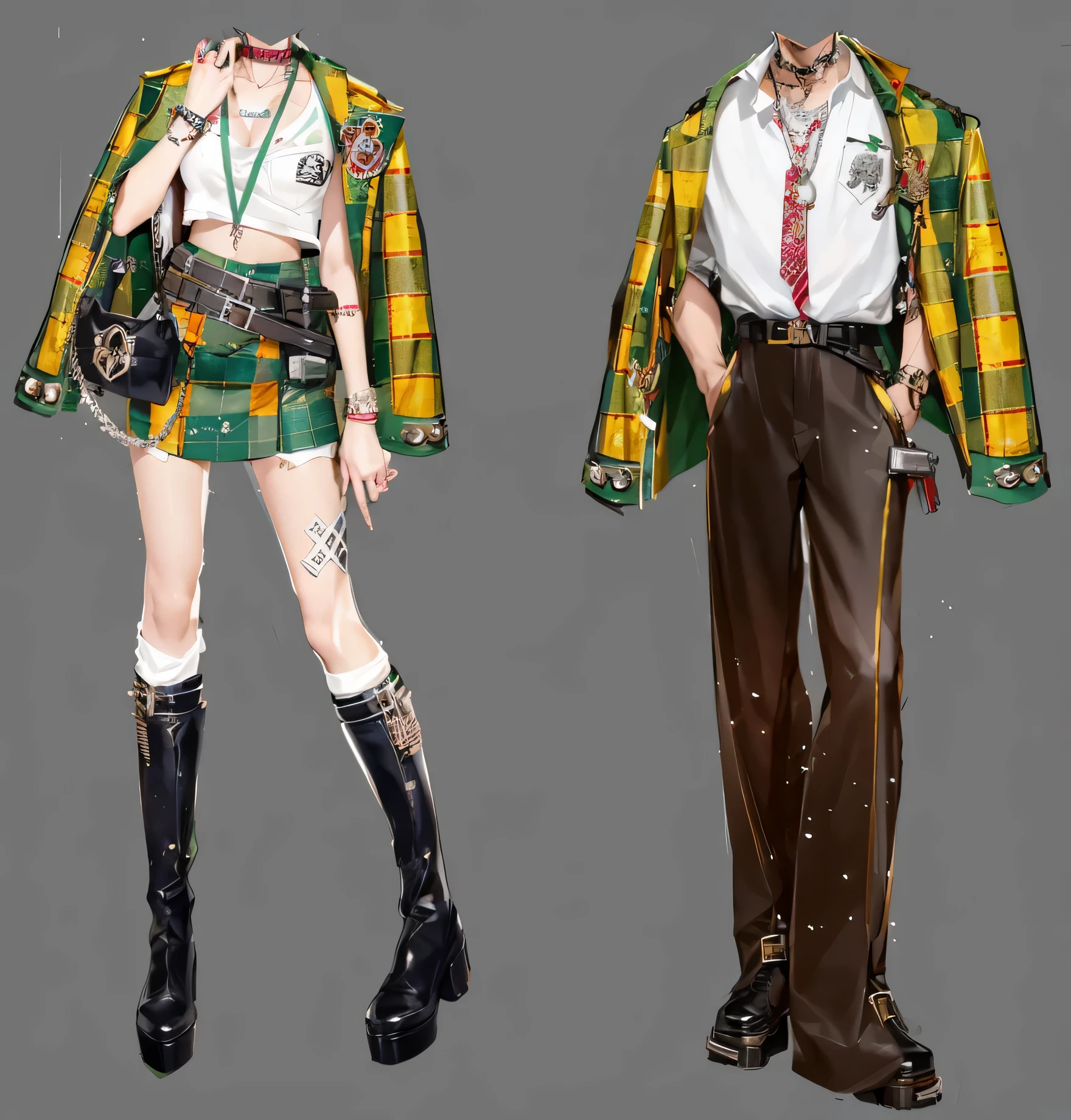 Anime characters wearing different outfits and accessories standing side by side, Cypherpunk fashion illustration, Very detailed and rich costumes, cyberpunk clothing, SleekDesign, fashion concept art, Magic school student uniform, Style Games Square Enix, cyborg punk clothing, cyberpunk high fashion, 2 d CG, cyberpunk style, fashion clothing, 赛博朋克fashion clothing