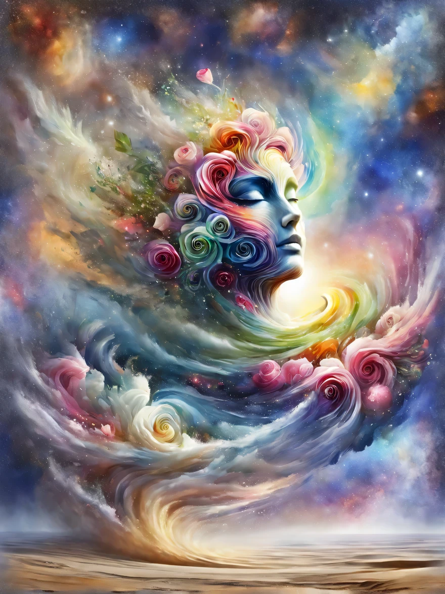 Watercolor Art, flowers, Watercolor flowers, Multi-colored watercolor roses float in the space between the earth and the starry sky and represent a smooth transition between the clouds above and the sand below., cosmic dust falls to the ground and forms blooming roses, cosmic dust in the form of blooming roses connects heaven and earth, watercolor psychedelic art, winner of the international watercolor painting competition