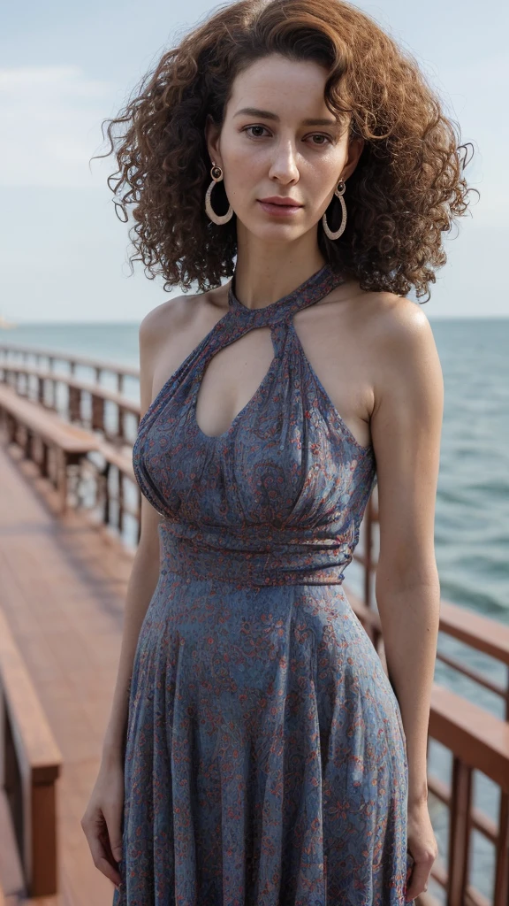 arafed woman with curly hair and earrings looking at the camera, this person does not exist, 35 uears old, with very thin lips, wearing a long red and blue floral sun dress, statuesque hourglass figure, standing on a boardwalk, maia sandu-cait miers-giorgia meloni merged, entire body visible, full body, hyperrealistic, best quality, 8K, real human skin, masterpiece, extremely intricate, medium closeup, detailed eyes, detailed face, detailed body, exaggerated features, pronounced features