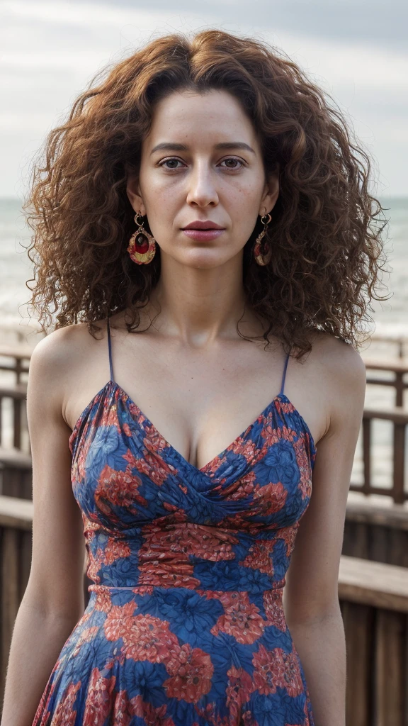 arafed woman with curly hair and earrings looking at the camera, this person does not exist, 35 uears old, with very thin lips, wearing a long red and blue floral sun dress, statuesque hourglass figure, standing on a boardwalk, maia sandu-cait miers-giorgia meloni merged, entire body visible, full body, hyperrealistic, best quality, 8K, real human skin, masterpiece, extremely intricate, medium closeup, detailed eyes, detailed face, detailed body, exaggerated features, pronounced features