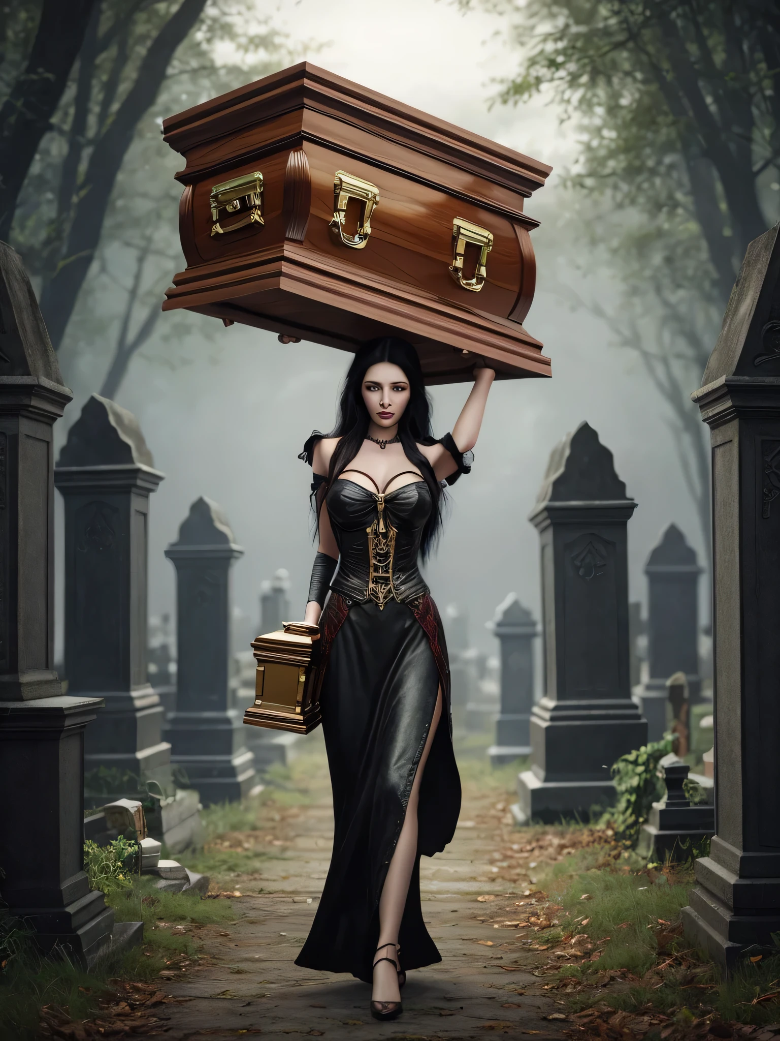 arafed woman carrying a casket in a cemetery, miss aniela, lori earley, goddess of death in a graveyard, cgsociety contest winner!!, by Rudy Siswanto, by Alexander Kucharsky, cgsociety contest winner, fantasy photography, cgsociety contest winner!!!, tom bagshaw weta studio, casket, realistic fantasy photography