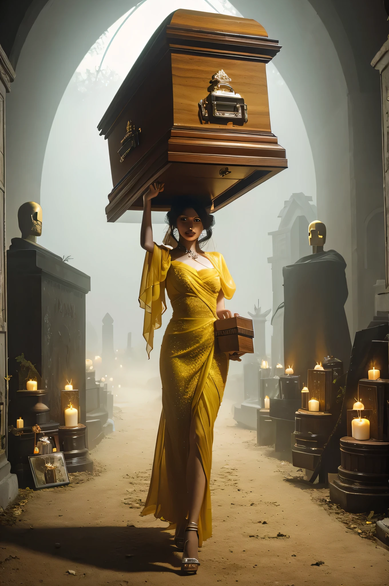 arafed woman in a yellow dress carrying a casket on her head, miss aniela, funeral, goddess of death in a graveyard, rising from a crypt, casket, by John La Gatta, life after death, lori earley, what happens after death, (fantasy), natalie shau tom bagshaw, by Mike Winkelmann