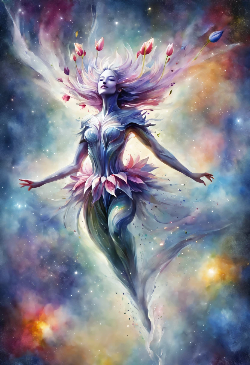 Watercolor Art, flowers, Watercolor flowers, Multi-colored watercolor lilies and nerina fly in the space between the earth and the starry sky and represent a smooth transition between space above and dust below, cosmic dust falls to the ground and forms blooming lilies and nerines., cosmic dust in the form of blooming lilies and nerina connects heaven and earth, a lot of Lilies and Nerines, watercolor psychedelic art, winner of the international watercolor painting competition