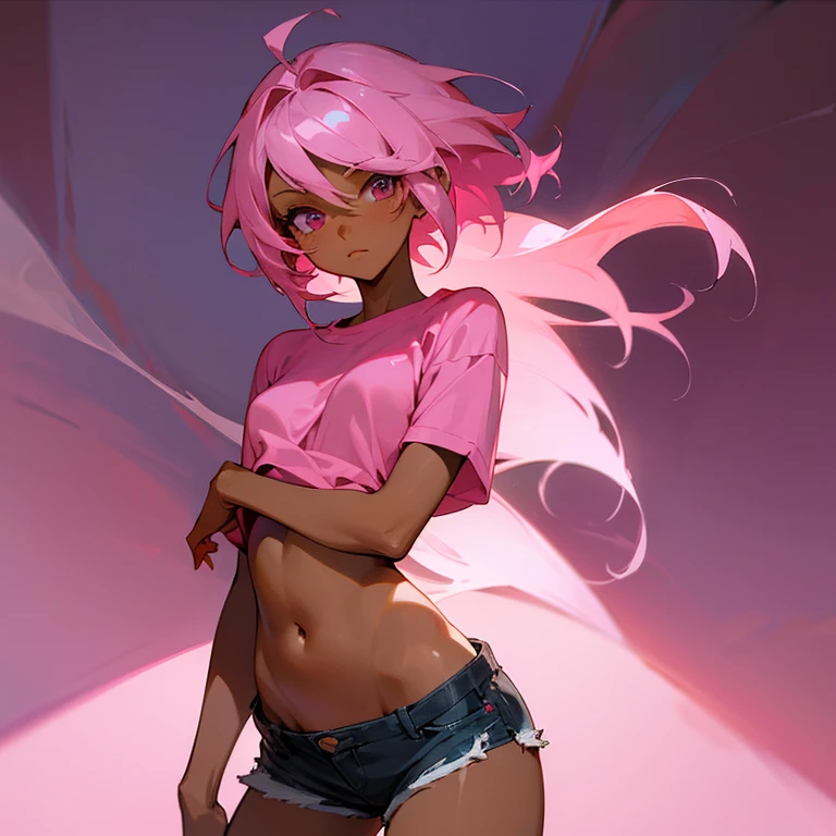 She is a woman and she is short, has medium wavy hair, pink hair and has medium breasts and a medium ass. She wears a mini crop top that only covers her nipples and leaves them very marked on her breasts and wears a mini skirt so small that you can see her panties marking her pussy.