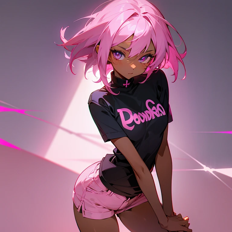A dark-skinned girl, pink hair and eyes, Short shirt and shorts in a sensual pose Anime Art Style