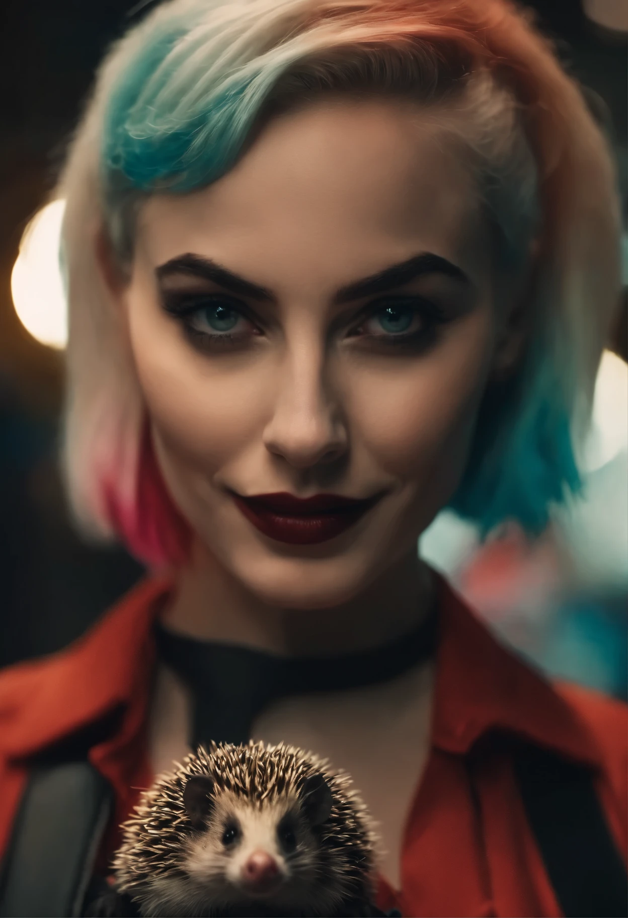 close-up of a woman with a hedgehog on her head, Harley Quinn, портрет Harley Quinn, Colorful camera work, Scary 4K color graphics, artist Julie Bell Beeple, Artist Alessandro Pautasso, Harley Quinn, author Galen Dara, Martin Ten, artistic portrait of Martin Ten, Harley Quinn