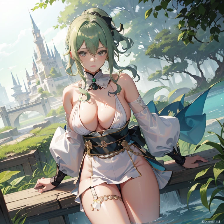 (Very good image quality), 1 girl Emerald green hair, long twin tails hair, back braid, low braid, bangs covering one eye, white veil, beret, silver tiara, yellow eyes, black blindfold, (chain) (bracelet with chain), (leg rings with chains)(chain connected to the wall), fully extended arms, fully extended legs, magical girl, off-shoulder, Kimono over bikini,pleated skirt, spreading skirt, bikini that can be worn inside, lace fabric bikini, black bikini, garter belt, Thigh-high socks, exhaustion, blushing, sweatyumekawa,yumekawaii,pastel color,(wonderland garden:1.3),rainbow waterfall,dripping ink,imagination,(Castle:1.4),