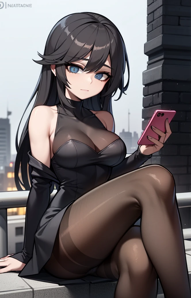 woman sitting on a ledge, looking at her cell phone, pantyhose tights, nylon tights, lady in black coat and pantyhose, tights; on the street, pantyhose, beautiful legs, wearing a tight black dress, wearing stockings, girl next door innocent look, beautiful lonely girl, nice legs, crossed legs, wearing black tight clothing