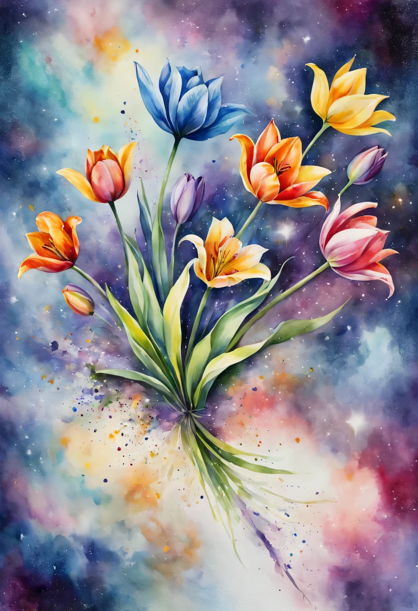 Watercolor Art, flowers, Watercolor flowers, multi-colored watercolor lilies and tulips fly in the space between the earth and the starry sky and represent a smooth transition between the space above and the dust below., cosmic dust falls to the ground and forms blooming lilies and tulips., cosmic dust in the form of blooming lilies and tulips connects heaven and earth, many lilies and tulips, watercolor psychedelic art, winner of the international watercolor painting competition