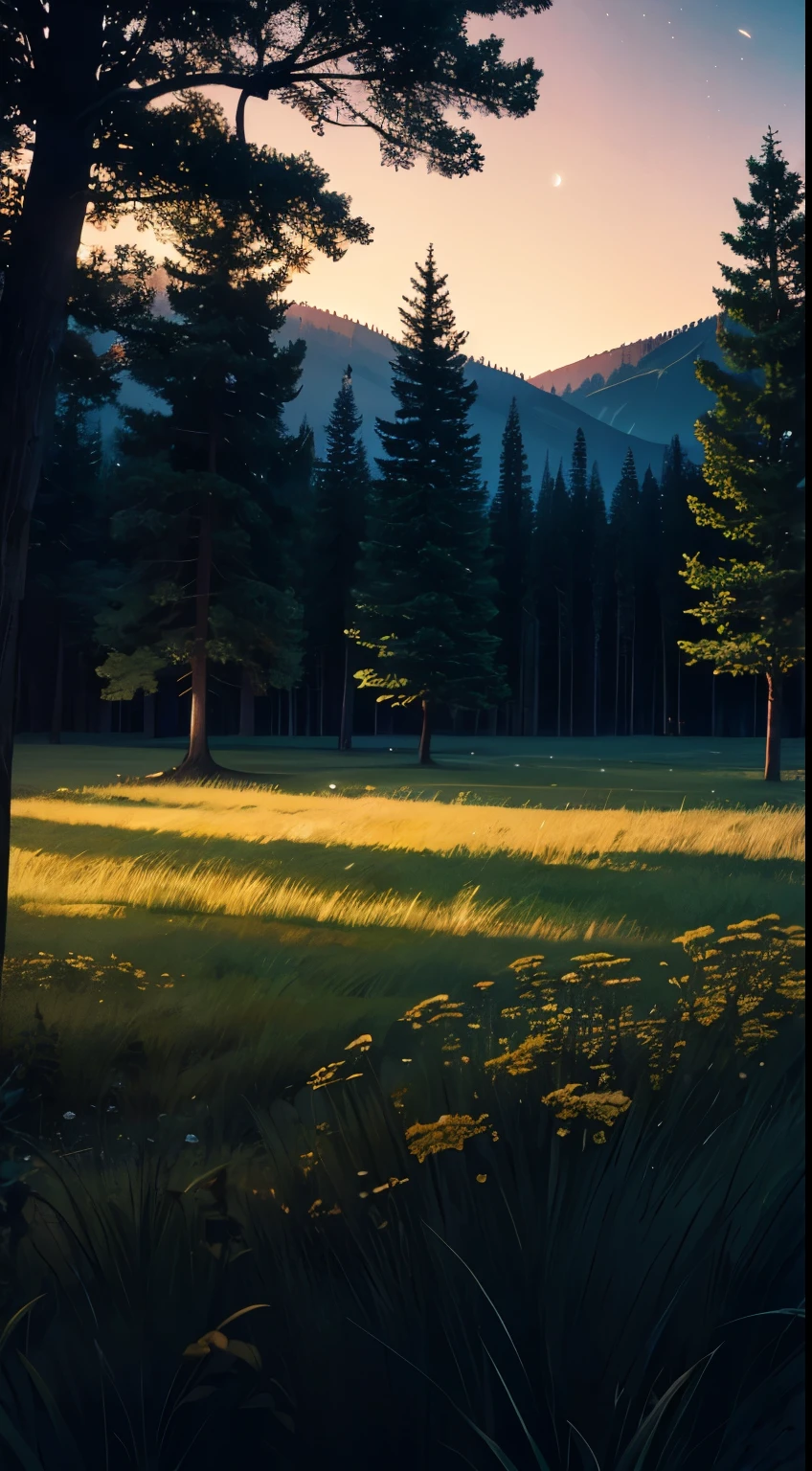 comforting moonlit meadow in a lush forest at night. dark, dark colors, peaceful atmosphere