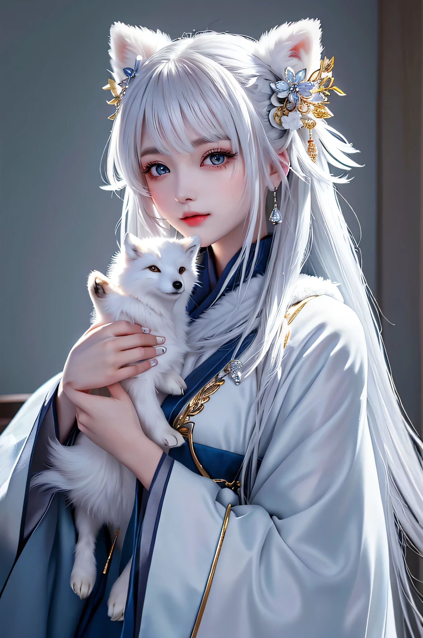 白发arctic fox动漫女孩, Holding a white fur fox in his arms,cute fox,Beautiful fox girl clinging to woman'arm, Art work style, guweiz, author:Yang Jie, with white hair, 长着white hair, white hair, author:incredible, perfect gray haired girl, beautiful figure painting, white hair girl, arctic fox, Beautiful anime portrait
