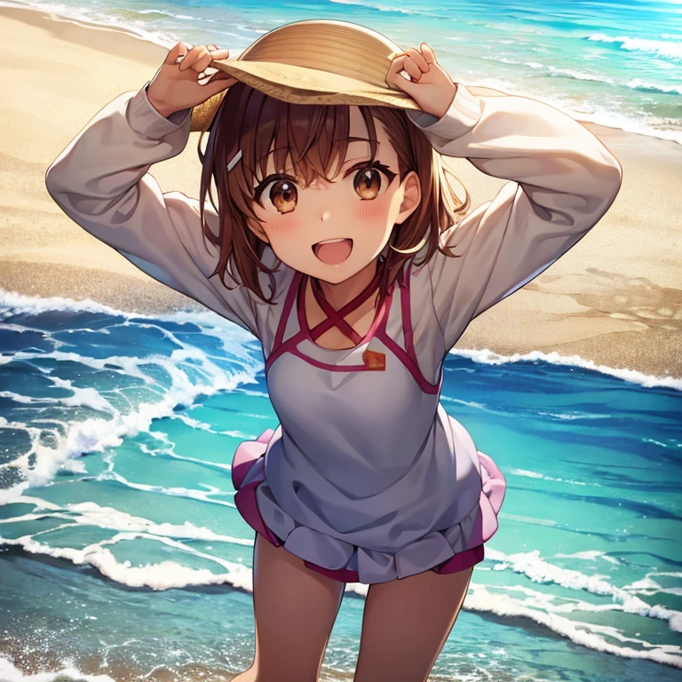 Follow Us, Yuki mandarin orange, (Brown eyes:1.5), Brown Hair, hair ornaments, hair scrunchie, Long Hair, (Flat Chest:1.2),happy smile, smile, Open your mouth,
Open your mouth,School Swimsuit,Straw hat,Holding a swim ring in both hands,True Summer,Palm tree,Are standing　　　　　　　　　　　　　　　　　break looking at viewer, whole body, 　　　　　　　　break outdoors, Sandy Beach,Beach,　　　　　　　　　　 break (masterpiece:1.2), Highest quality, High resolution, unity 8k wallpaper, (shape:0.8), (Beautiful and beautiful eyes:1.6), Highly detailed face, Perfect lighting, Extremely detailed CG, (Perfect hands, Perfect Anatomy),