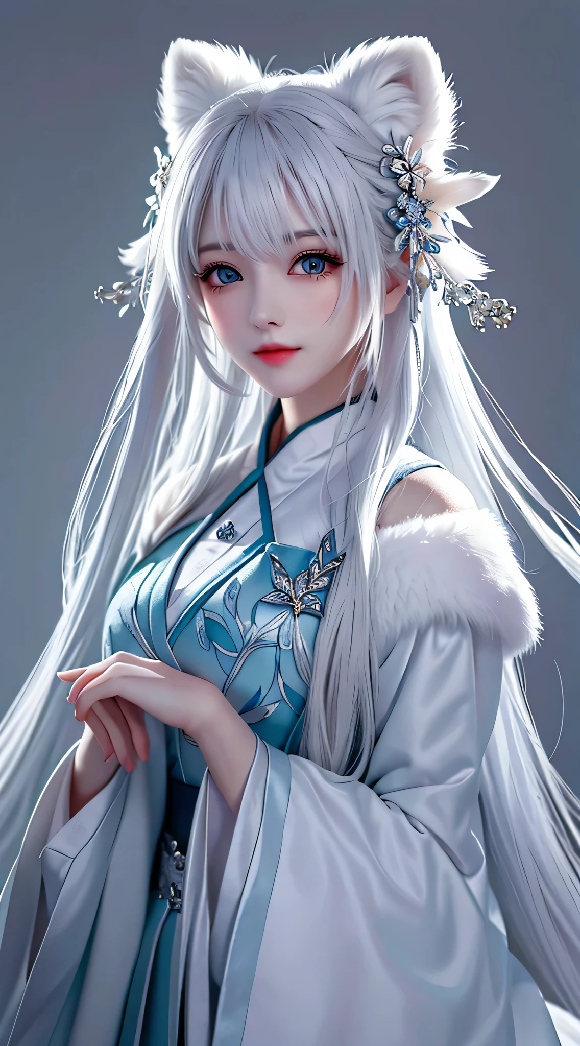 白发arctic fox动漫女孩, Holding a white fur fox in his arms,cute fox，Beautiful fox girl clinging to woman&#39;arm, Art work style, guweiz, author：Yang Jie, with white hair, 长着white hair, white hair, author：incredible, perfect gray haired girl, beautiful figure painting, white hair girl, arctic fox, Beautiful anime portrait
