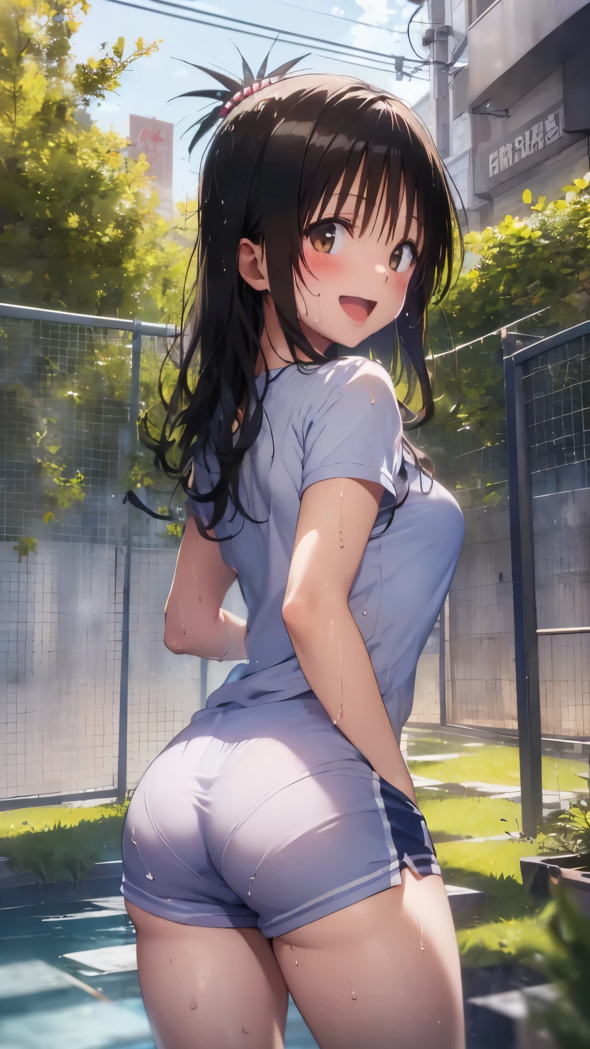 1 female,black hair,((12 years old)),(((White and blue short sleeve gym clothes and shorts)))(((blush、open mouth smile)),(((Yuki Mikan))),crowd(Baby girl body shape)(((small breasts)))Look back and look back,((wet with sweat))Outside playground,Mansuji