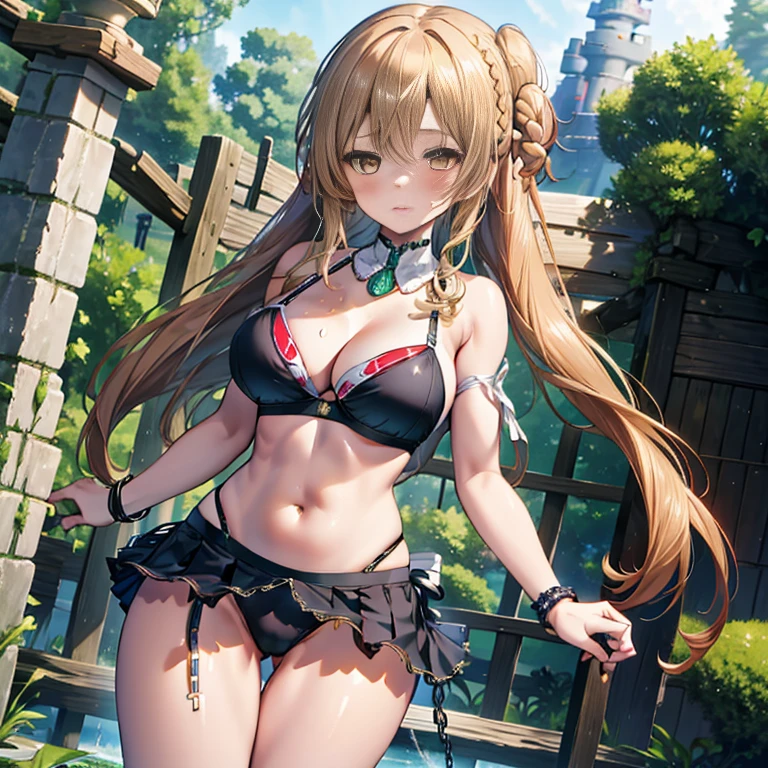 (Very good image quality), 1 girl Emerald green hair, long twin tails hair, back braid, low braid, bangs covering one eye, white veil, beret, silver tiara, yellow eyes, black blindfold, (chain) (bracelet with chain), (leg rings with chains)(chain connected to the wall), fully extended arms, fully extended legs, magical girl, off-shoulder, Kimono over bikini,pleated skirt, spreading skirt, bikini that can be worn inside, lace fabric bikini, black bikini, garter belt, Thigh-high socks, exhaustion, blushing, sweatyumekawa,yumekawaii,pastel color,(wonderland garden:1.3),rainbow waterfall,dripping ink,imagination,(Castle:1.4),