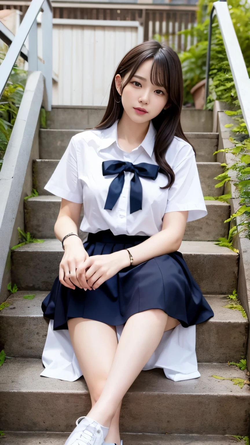 {{male and female couple}}、Stairs in the house、sitting on the stairs、Girl in white blouse and tight skirt、Man's cold gaze、Boys' School Uniform、Put your hands around your waist