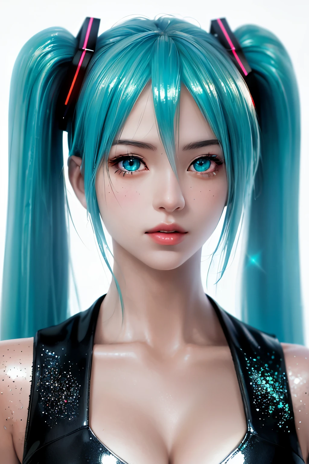 Anime, Girl, (((1girl))), (((Waifu, VOCALOID, Miku Hatsune Waifu))), , (((Long Hair, Twintails Hair))), ((Cyan Eyes eyes:1.3, Upturned Eyes: 1, Perfect Eyes, Beautiful Detailed Eyes, Gradient eyes: 1, Finely Detailed Beautiful Eyes: 1, Symmetrical Eyes: 1, Big Highlight On Eyes: 1.2, Hoshino Ai's Star Eyes)), (((Lustrous Skin: 1.5, Bright Skin: 1.5, Skin Fair, Shiny Skin, Very Shiny Skin, Shiny Body, Plastic Glitter Skin, Exaggerated Shiny Skin, Illuminated Skin))), (Detailed Body, (Detailed Face)), Young, Idol Pose, (Best Quality), School Uniform, Modest Clothing, Skin Covered, High Resolution, Sharp Focus, Ultra Detailed, Extremely Detailed, Extremely High Quality Artwork, (Realistic, Photorealistic: 1.37), 8k_Wallpaper, (Extremely Detailed CG 8k), (Very Fine 8K CG), ((Hyper Super Ultra Detailed Perfect Piece)), (((Flawlessmasterpiece))), Illustration, Vibrant Colors, (Intricate), High Contrast, Selective Lighting, Double Exposure, HDR (High Dynamic Range), Post-processing, Background Blur, High quality shadow, high detail, realistic, Cinematic Light, sidelighting, Lens Flare, Ray tracing, sharp focus,