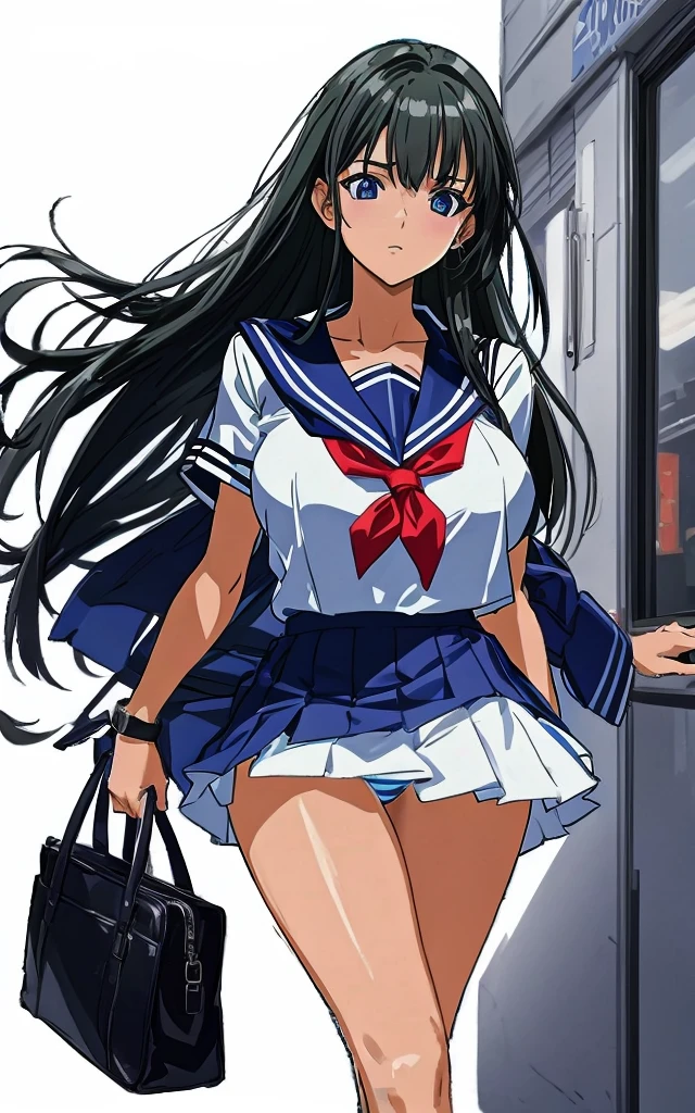 A beautiful woman with shoulder-length black hair, big breasts, beautiful legs, and a sharp face is wearing a sailor suit with a white miniskirt, showing light blue and blue striped panties as she meets a middle-aged man in a suit at a building in front of the station. doing。